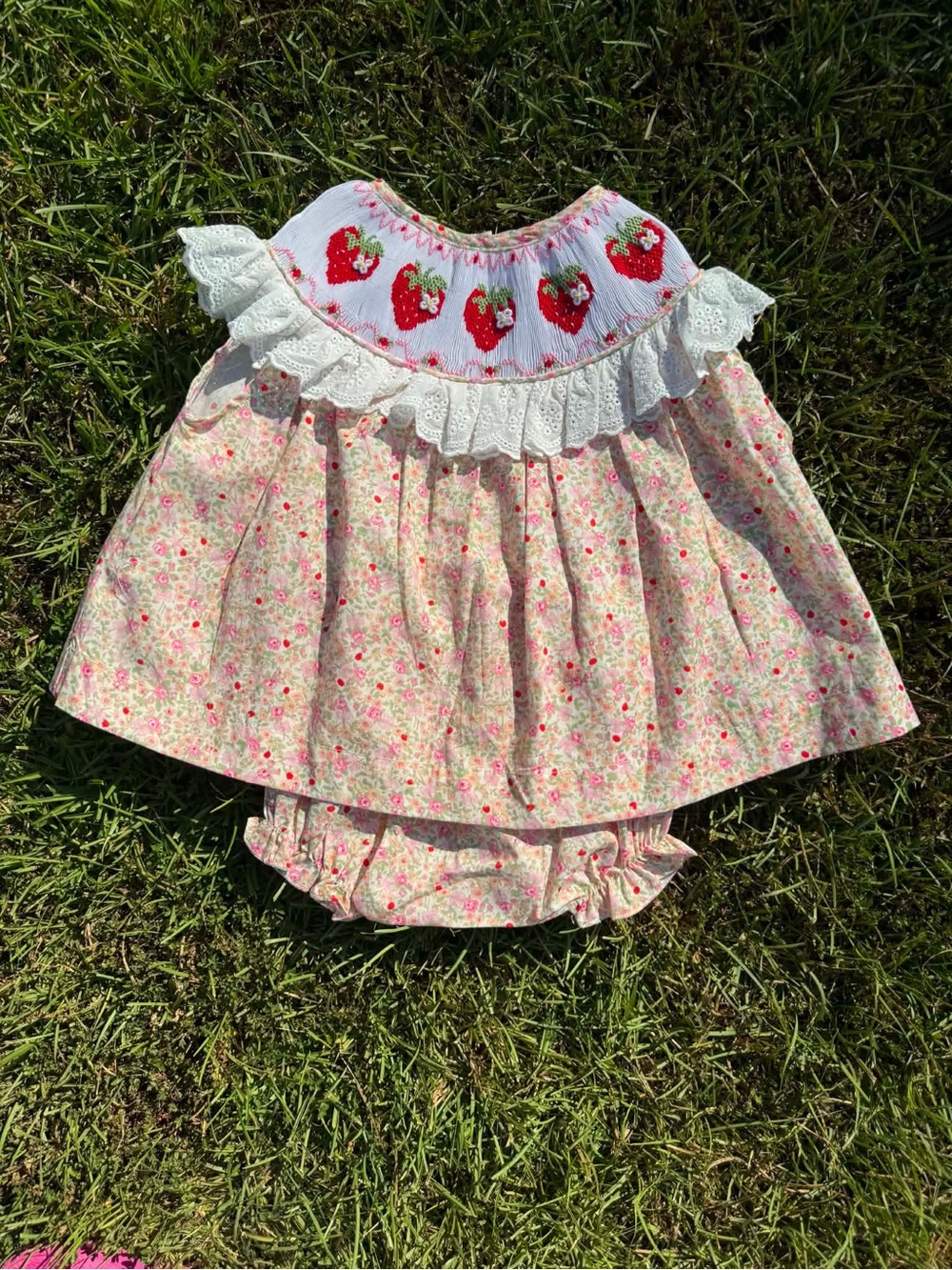 Strawberry-Floral Hand Smocked Diaper Set